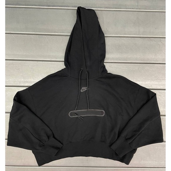 Nike Tech Fleece Cropped Pullover Hoodie Womens XS Black Oversized Center Swoosh - Picture 1 of 8